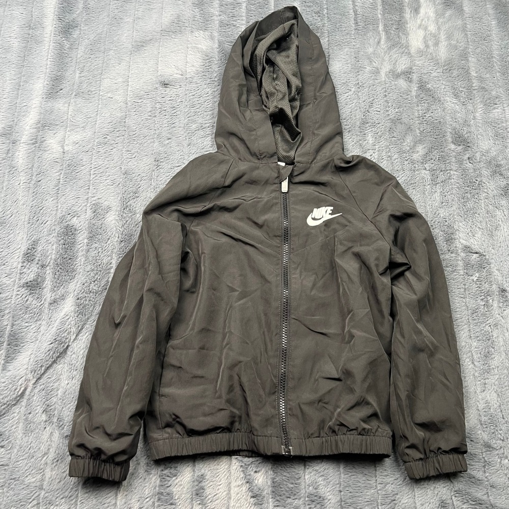 Nike Kids Dri-FIT Black Full Zip Hooded Windbreaker Jacket L278-023 Size 6 M